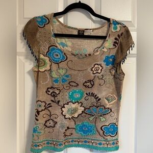 BILA Y2K Silk Blend Top Brown Beaded Fairy Boho Festival Sheer Cap Floral Blouse